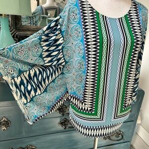 Chico's Blue/Green/White Dolman-Kimono Sleeve Super Stretchy/Top Women’s Sz1 Med